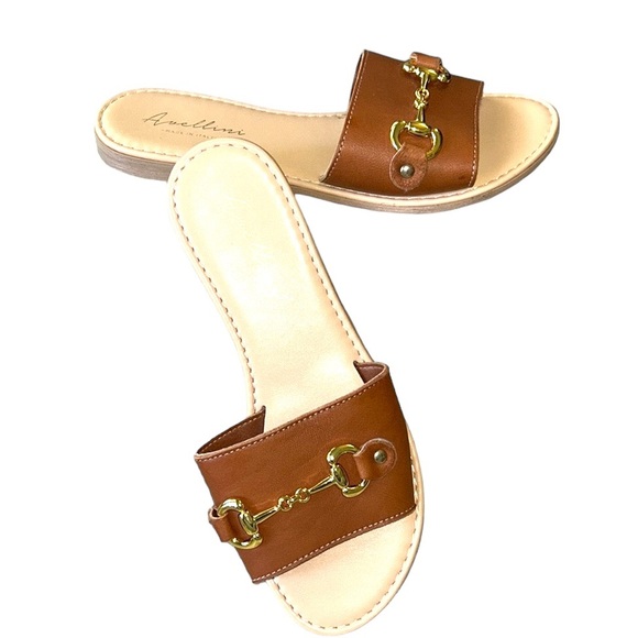 Avellini Italy Cognac Brown Faux Leather Gold Chain Bit Sandals Slides - 6.5 - Picture 4 of 15